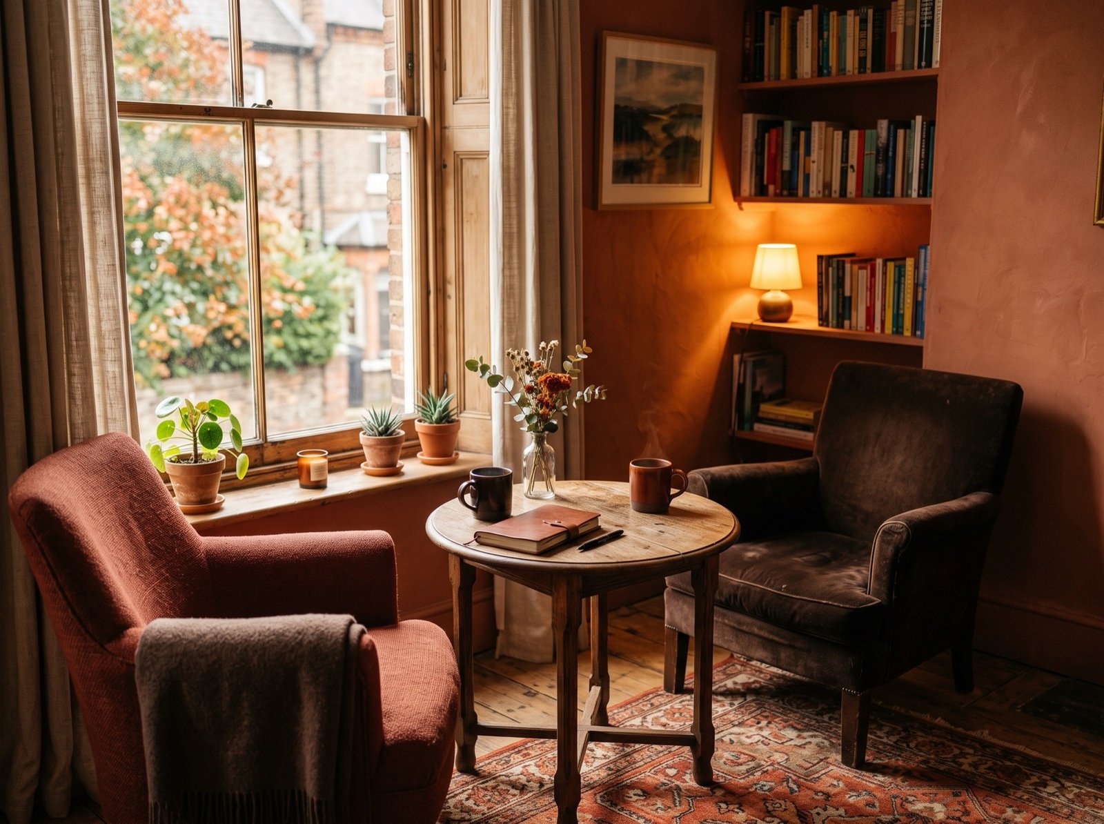 A sunlit room with a window and bookshelves