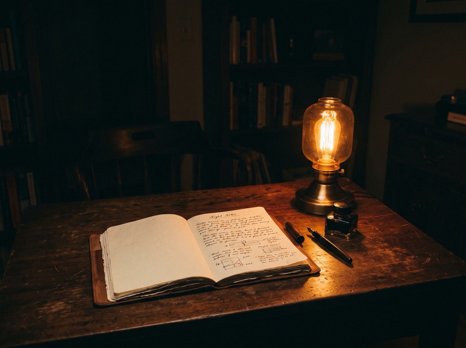 An open notebook beside a lamp